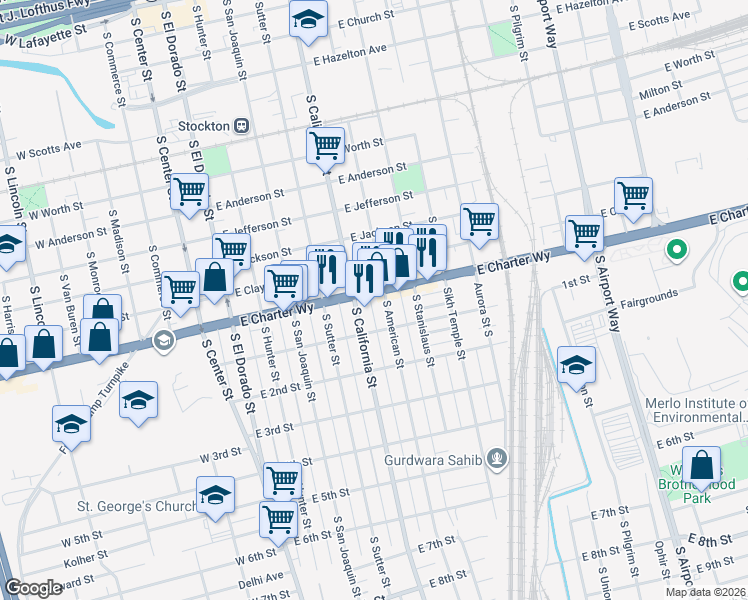 map of restaurants, bars, coffee shops, grocery stores, and more near 1427 South American Street in Stockton