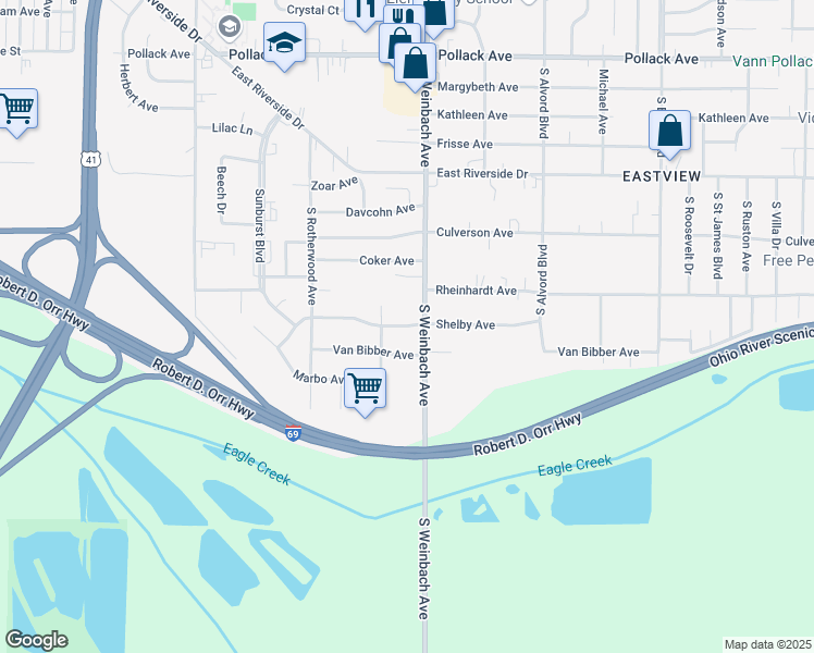 map of restaurants, bars, coffee shops, grocery stores, and more near 1921 Shelby Avenue in Evansville