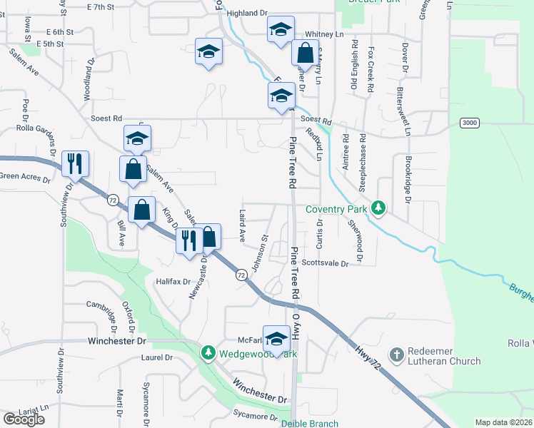 map of restaurants, bars, coffee shops, grocery stores, and more near 58 Johnson Street in Rolla