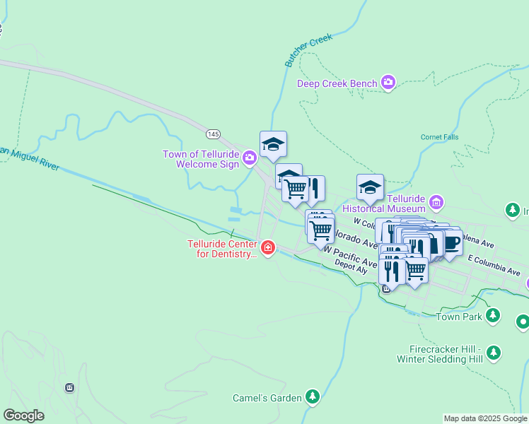 map of restaurants, bars, coffee shops, grocery stores, and more near 228 Mahoney Drive in Telluride