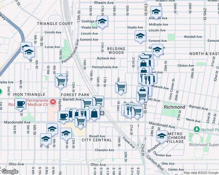 map of restaurants, bars, coffee shops, grocery stores, and more near 1726 Roosevelt Avenue in Richmond