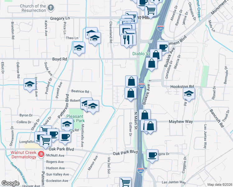 map of restaurants, bars, coffee shops, grocery stores, and more near 46 Matisse Court in Pleasant Hill
