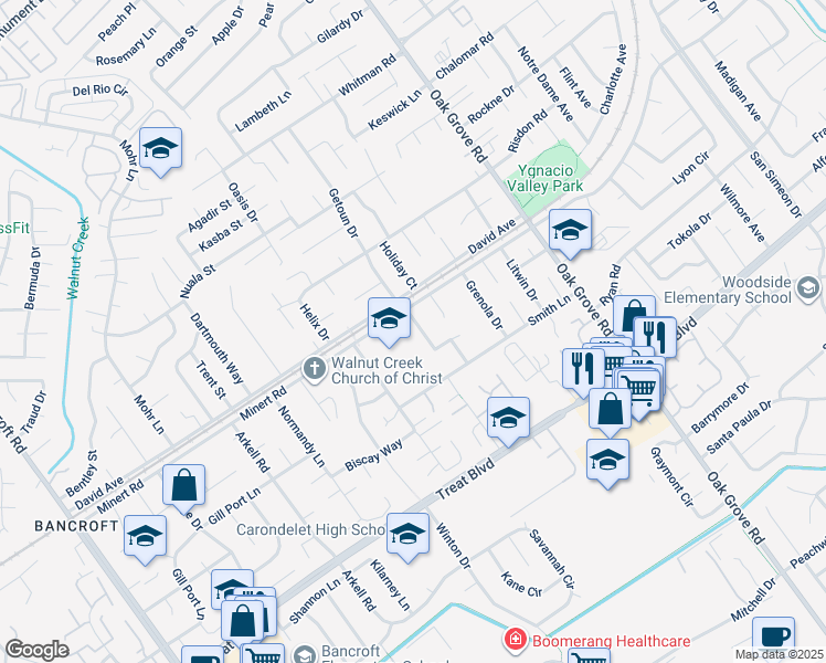 map of restaurants, bars, coffee shops, grocery stores, and more near 2050 Minert Road in Concord