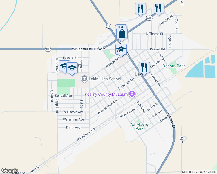 map of restaurants, bars, coffee shops, grocery stores, and more near 201-299 N Hamilton St in Lakin