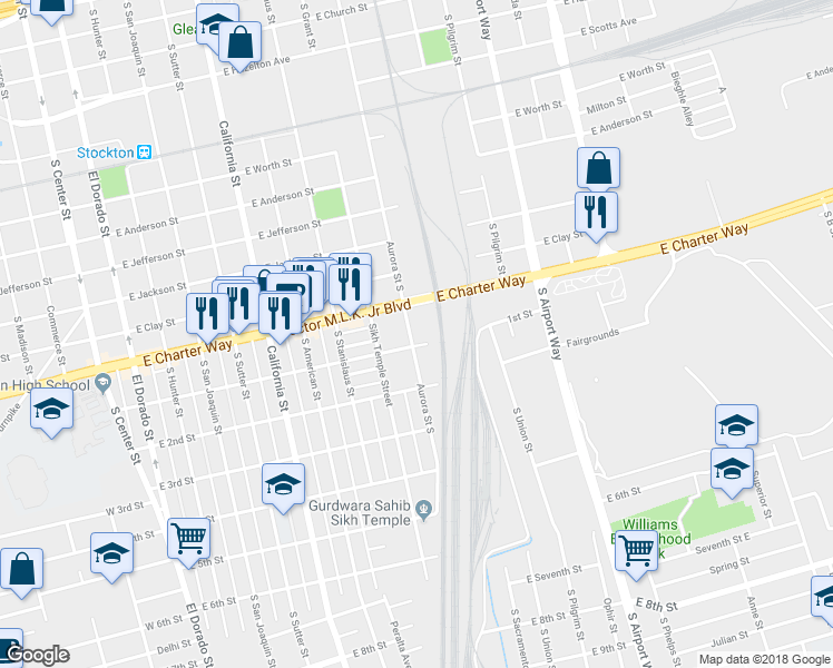 map of restaurants, bars, coffee shops, grocery stores, and more near 1450 Aurora Street South in Stockton