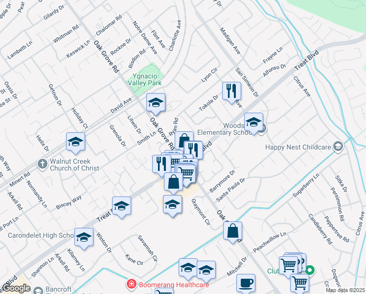map of restaurants, bars, coffee shops, grocery stores, and more near 800 Oak Grove Road in Concord