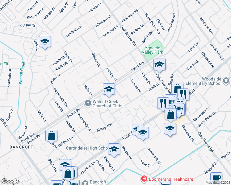 map of restaurants, bars, coffee shops, grocery stores, and more near 2050 Minert Road in Concord