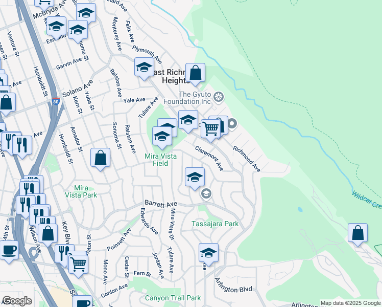 map of restaurants, bars, coffee shops, grocery stores, and more near 6449 Hazel Avenue in Richmond