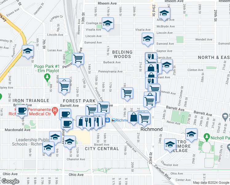 map of restaurants, bars, coffee shops, grocery stores, and more near 1726 Roosevelt Avenue in Richmond
