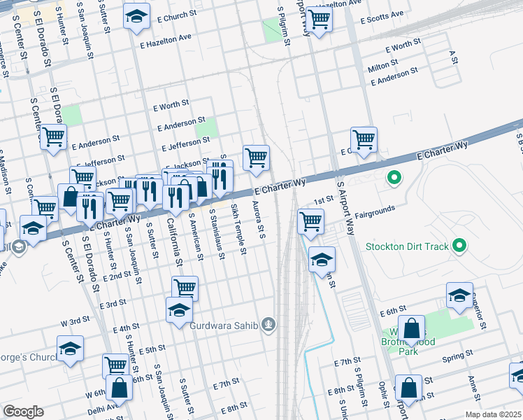 map of restaurants, bars, coffee shops, grocery stores, and more near 1446 Aurora Street South in Stockton
