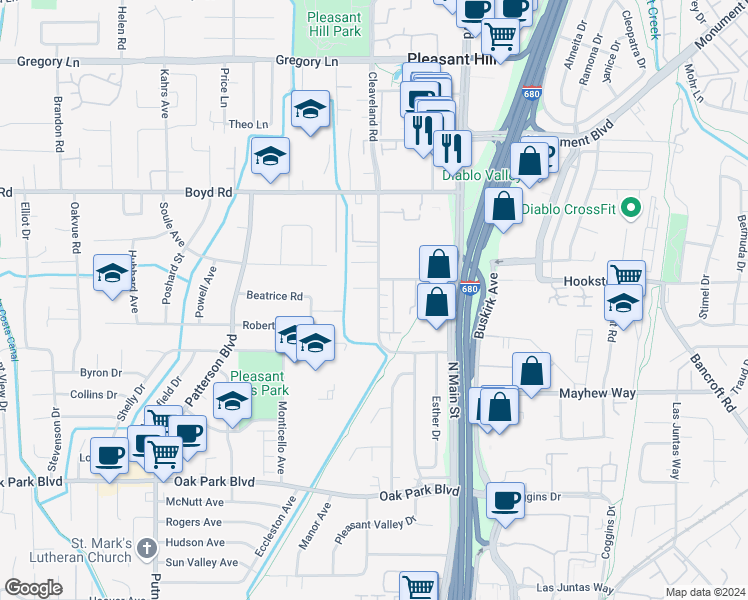 map of restaurants, bars, coffee shops, grocery stores, and more near 230 Cleaveland Road in Pleasant Hill