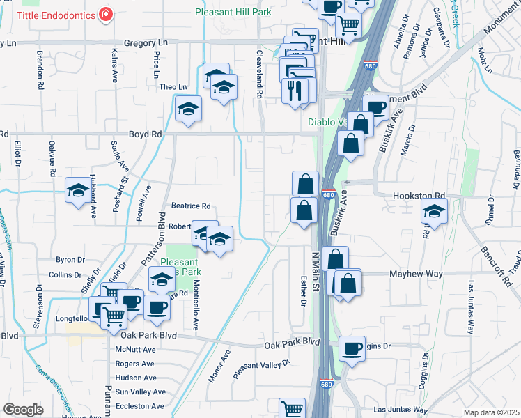 map of restaurants, bars, coffee shops, grocery stores, and more near 230 Cleaveland Road in Pleasant Hill