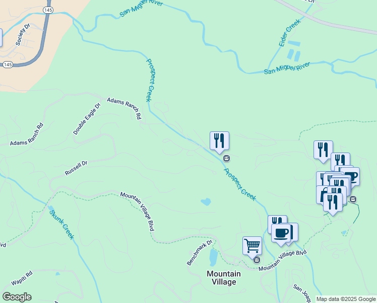 map of restaurants, bars, coffee shops, grocery stores, and more near Spring Creek Drive in Mountain Village