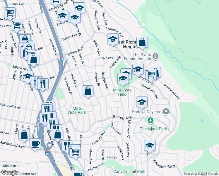 map of restaurants, bars, coffee shops, grocery stores, and more near 1886 Tulare Avenue in Richmond