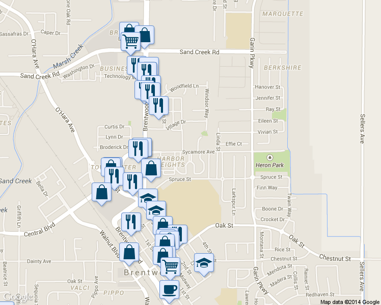 map of restaurants, bars, coffee shops, grocery stores, and more near 180 Sycamore Avenue in Brentwood