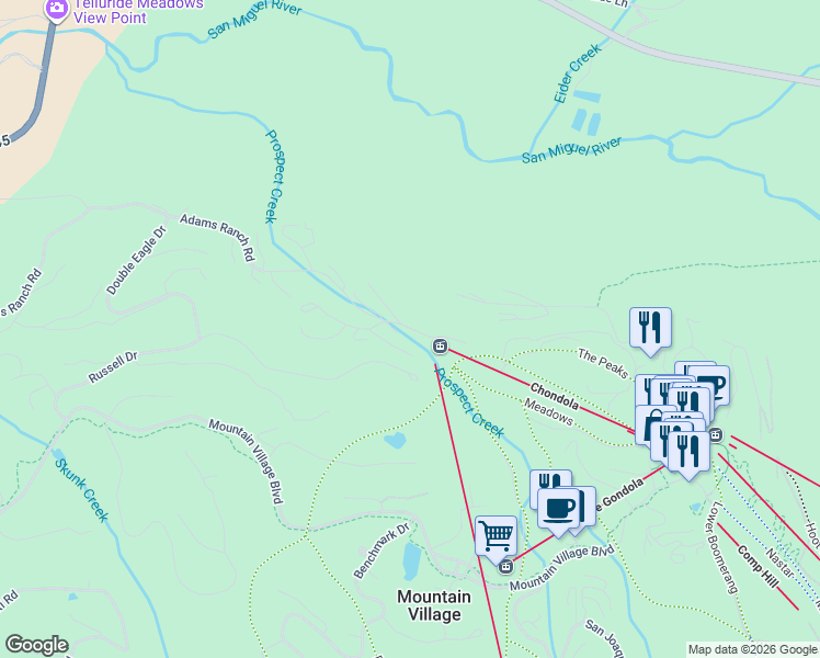 map of restaurants, bars, coffee shops, grocery stores, and more near 330 Adams Ranch Road in Mountain Village
