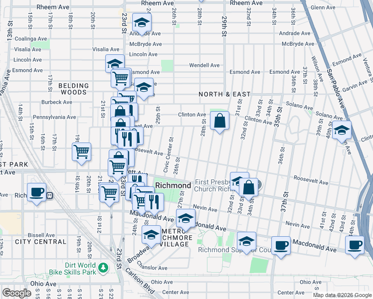 map of restaurants, bars, coffee shops, grocery stores, and more near 2717 Roosevelt Avenue in Richmond
