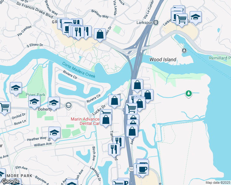 map of restaurants, bars, coffee shops, grocery stores, and more near 46 Lucky Drive in Kentfield