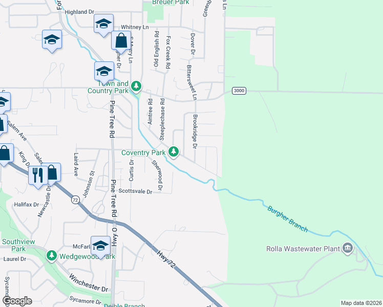 map of restaurants, bars, coffee shops, grocery stores, and more near 308 Brookridge Drive in Rolla