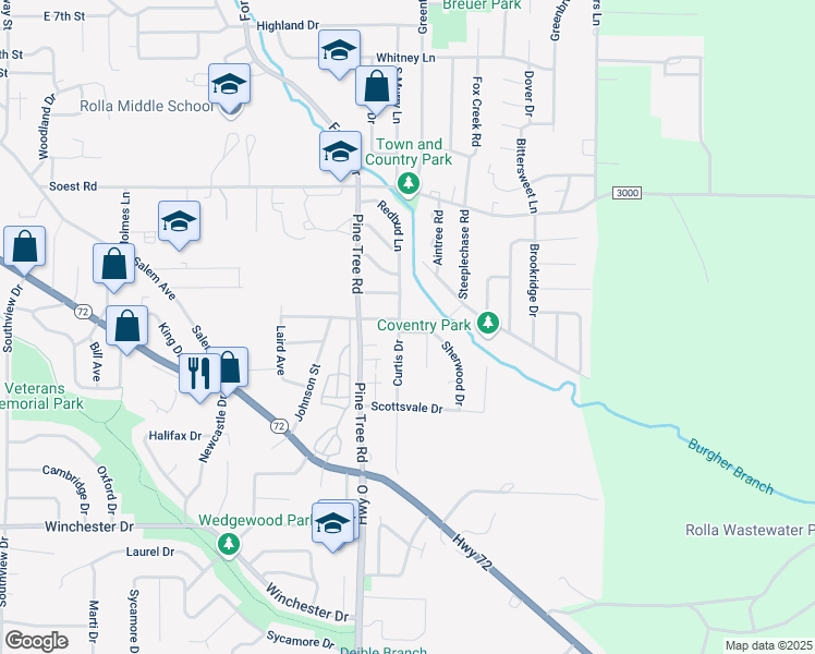 map of restaurants, bars, coffee shops, grocery stores, and more near 503 Sherwood Drive in Rolla