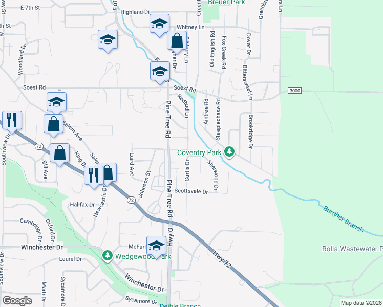 map of restaurants, bars, coffee shops, grocery stores, and more near 500 Sherwood Drive in Rolla