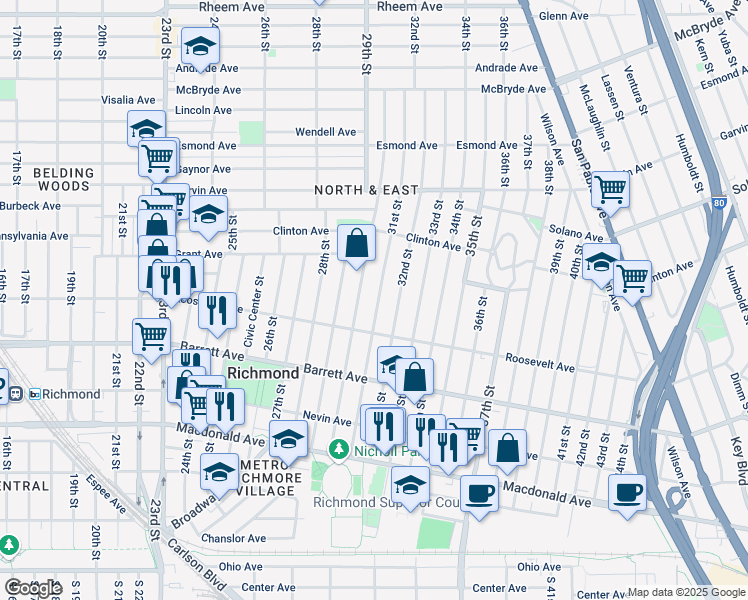 map of restaurants, bars, coffee shops, grocery stores, and more near 629 31st Street in Richmond