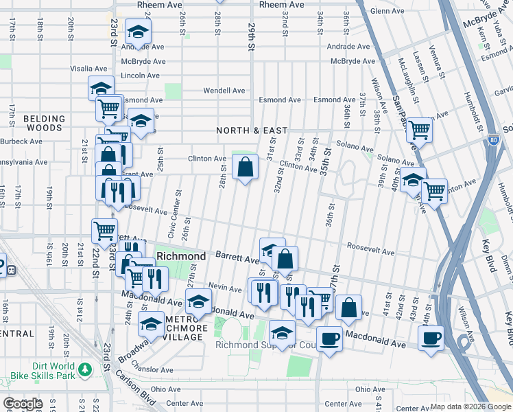 map of restaurants, bars, coffee shops, grocery stores, and more near 629 31st Street in Richmond