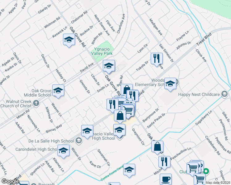 map of restaurants, bars, coffee shops, grocery stores, and more near 825 Oak Grove Road in Concord