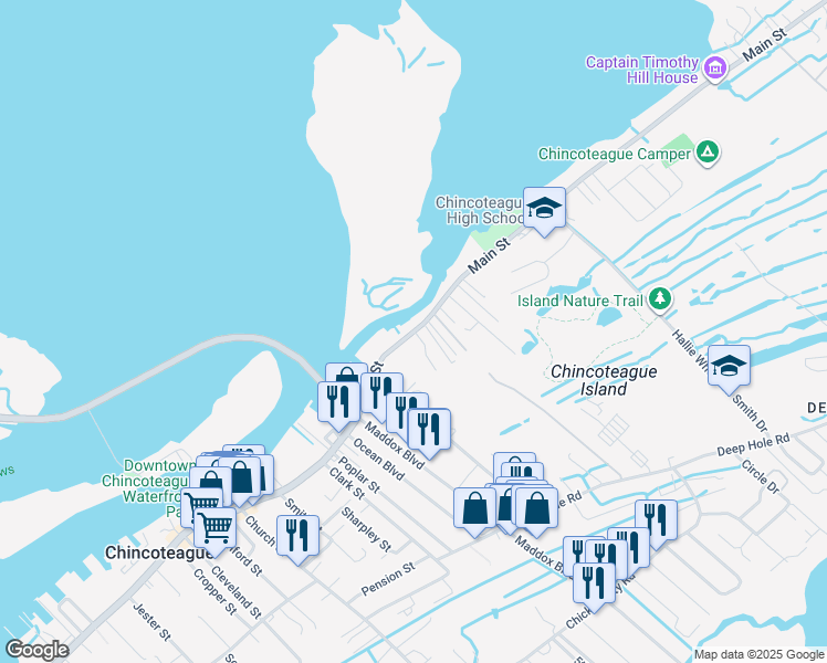 map of restaurants, bars, coffee shops, grocery stores, and more near 4402 Main St in Chincoteague Island