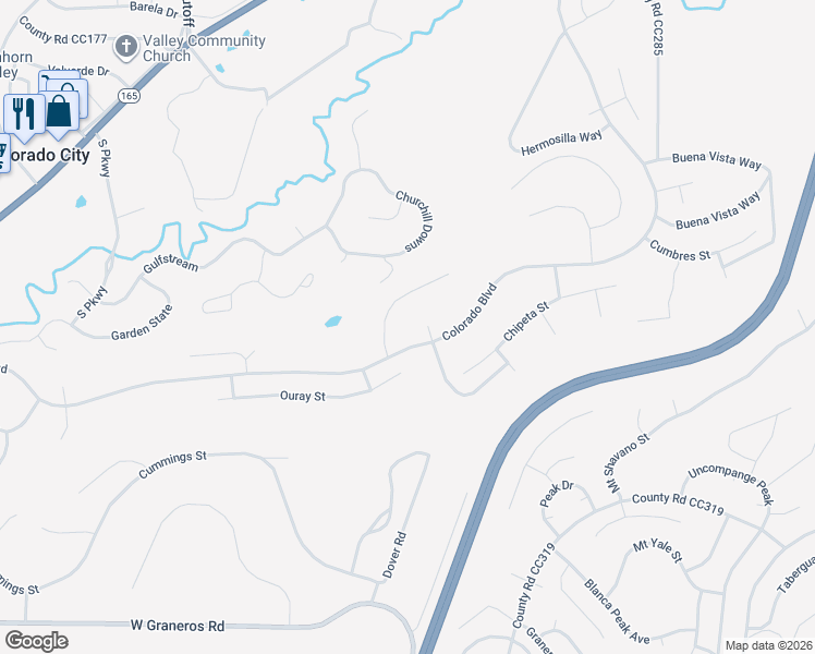 map of restaurants, bars, coffee shops, grocery stores, and more near Colorado Boulevard in Pueblo