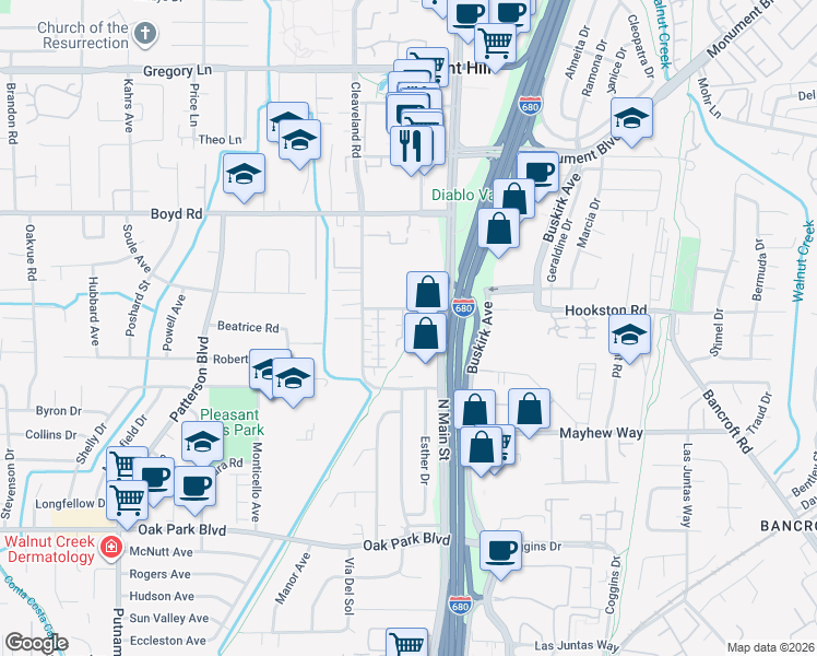 map of restaurants, bars, coffee shops, grocery stores, and more near 31 Picasso Court in Pleasant Hill