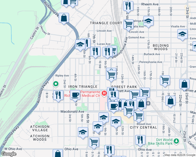 map of restaurants, bars, coffee shops, grocery stores, and more near 583 8th Street in Richmond