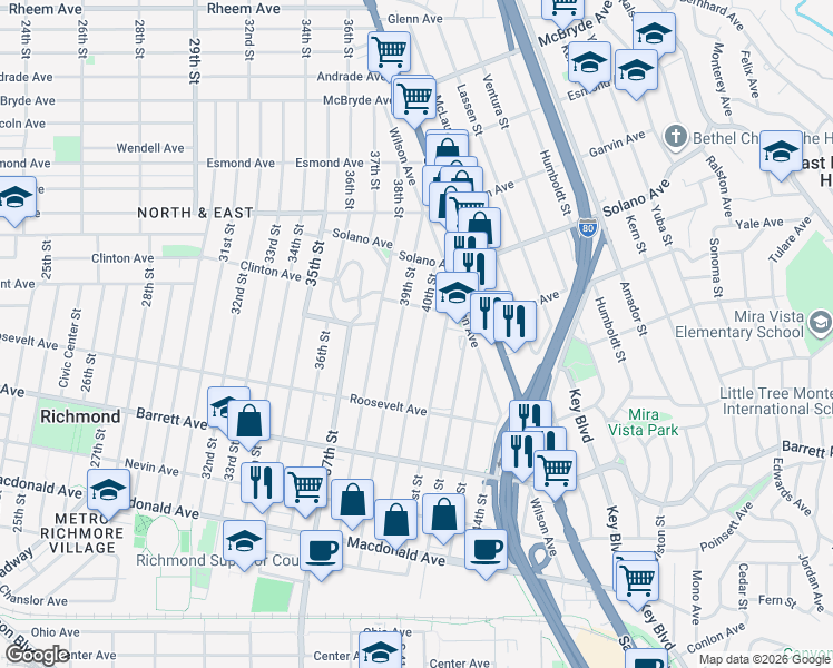 map of restaurants, bars, coffee shops, grocery stores, and more near 663 40th Street in Richmond