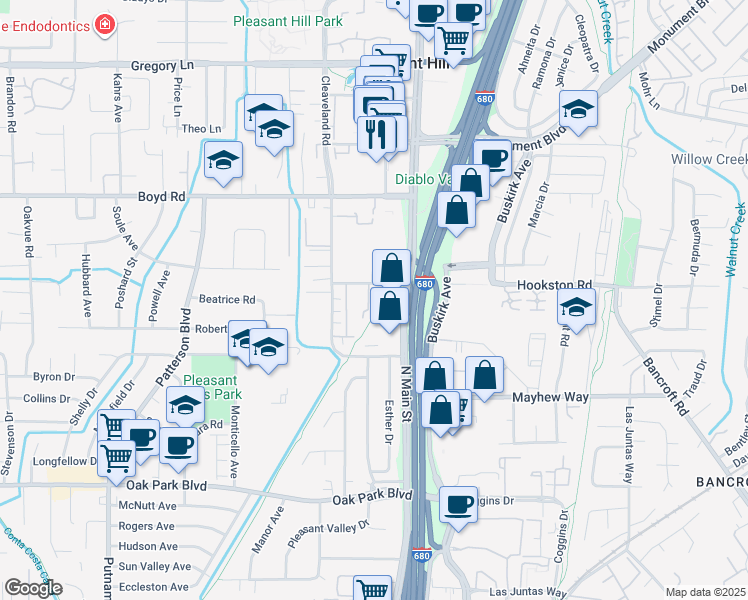 map of restaurants, bars, coffee shops, grocery stores, and more near 31 Picasso Court in Pleasant Hill