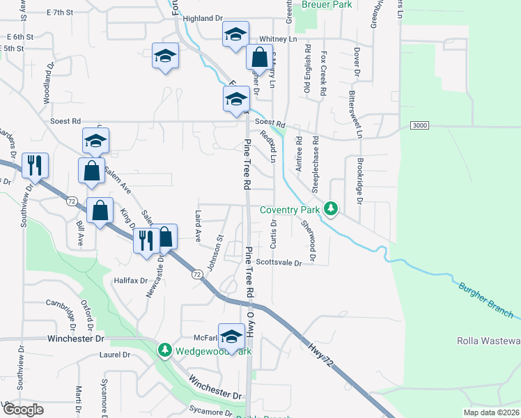 map of restaurants, bars, coffee shops, grocery stores, and more near 409 Richard Drive in Rolla