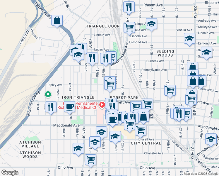 map of restaurants, bars, coffee shops, grocery stores, and more near in Richmond