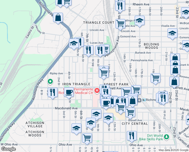 map of restaurants, bars, coffee shops, grocery stores, and more near 559 9th Street in Richmond
