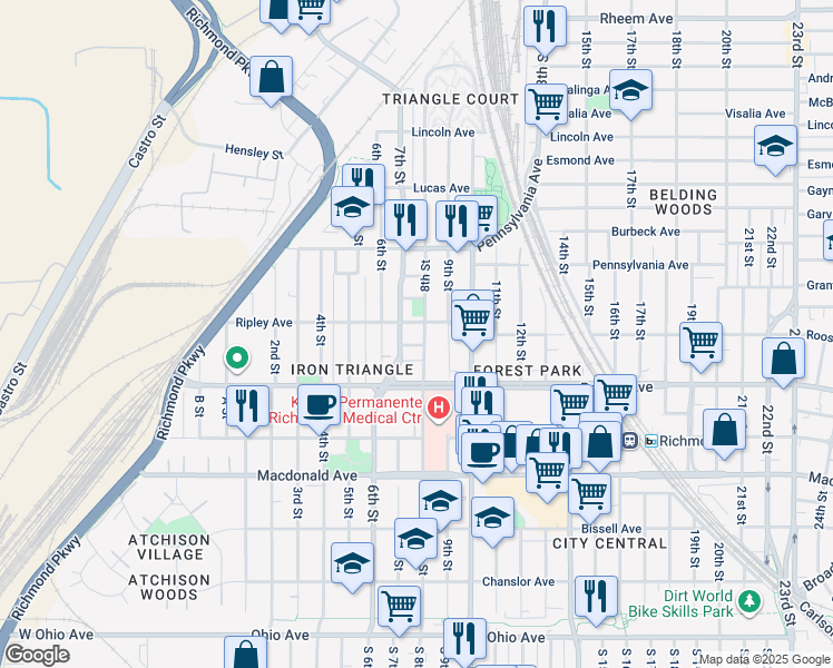 map of restaurants, bars, coffee shops, grocery stores, and more near 716 Maple Avenue in Richmond