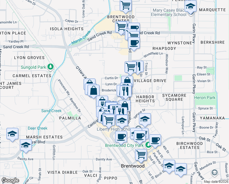 map of restaurants, bars, coffee shops, grocery stores, and more near 138 Broderick Drive in Brentwood