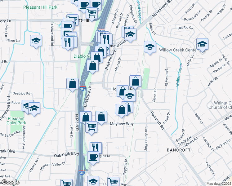 map of restaurants, bars, coffee shops, grocery stores, and more near 22 Village Square Place in Pleasant Hill