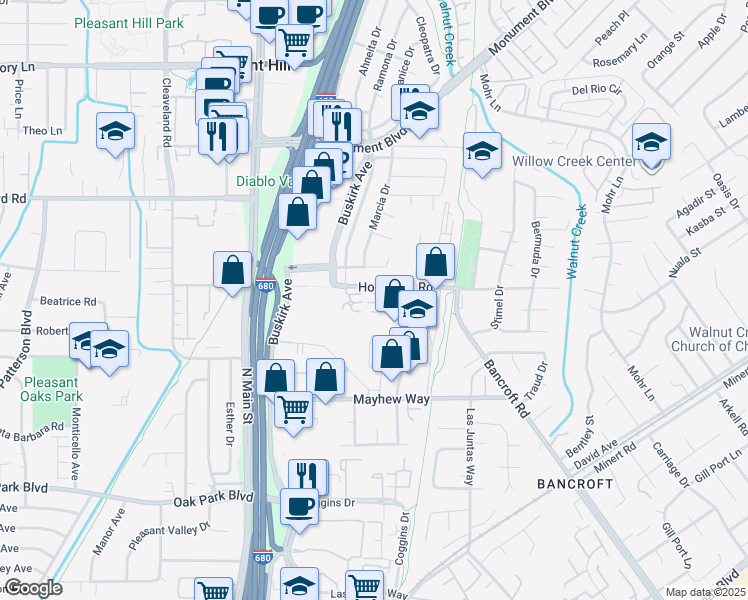 map of restaurants, bars, coffee shops, grocery stores, and more near 22 Village Square Place in Pleasant Hill