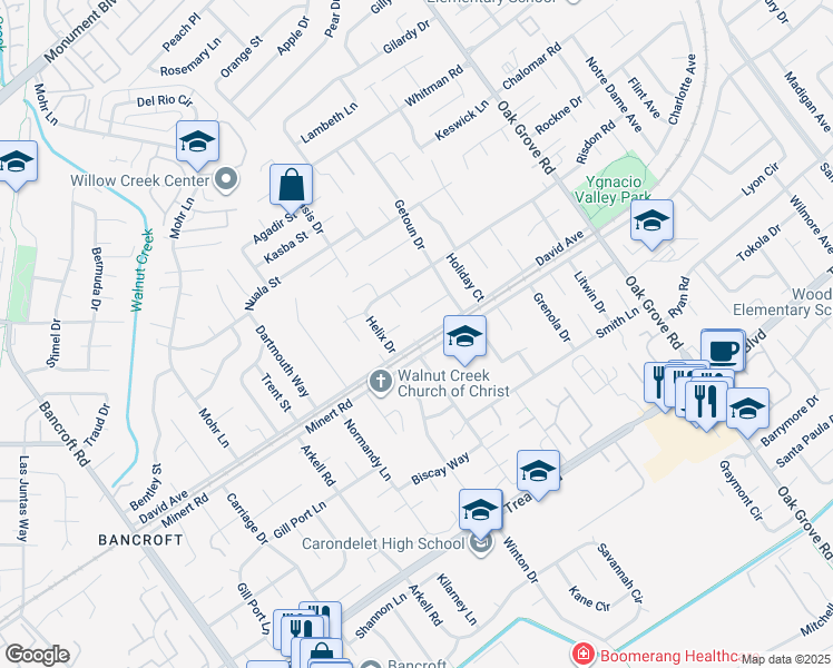 map of restaurants, bars, coffee shops, grocery stores, and more near 1735 David Avenue in Concord