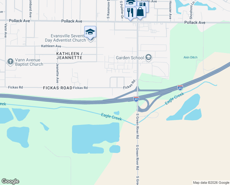 map of restaurants, bars, coffee shops, grocery stores, and more near South Green River Road in Evansville