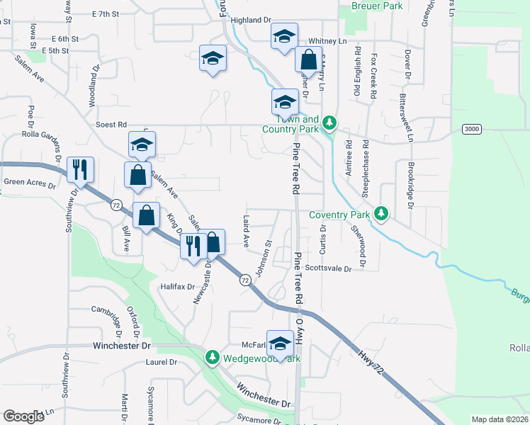 map of restaurants, bars, coffee shops, grocery stores, and more near 55 Nancy Lane in Rolla