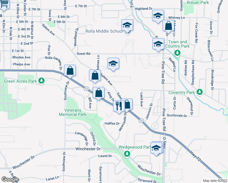 map of restaurants, bars, coffee shops, grocery stores, and more near 712 Salem Avenue in Rolla