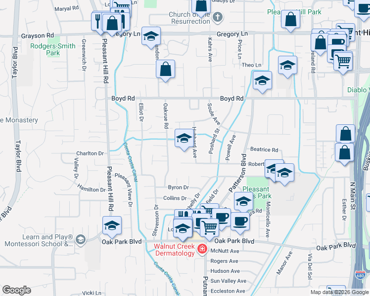 map of restaurants, bars, coffee shops, grocery stores, and more near 83 Roberta Avenue in Pleasant Hill