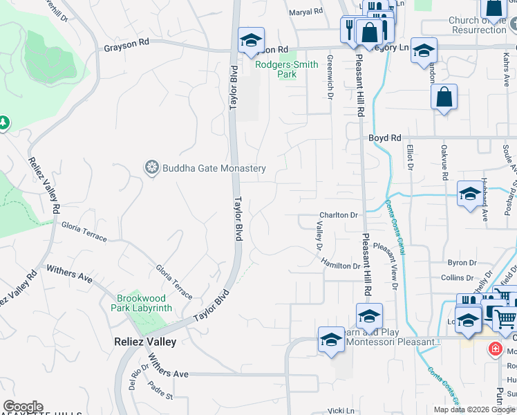 map of restaurants, bars, coffee shops, grocery stores, and more near 7 Plato Court in Pleasant Hill