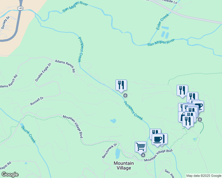 map of restaurants, bars, coffee shops, grocery stores, and more near Spring Creek Drive in Mountain Village