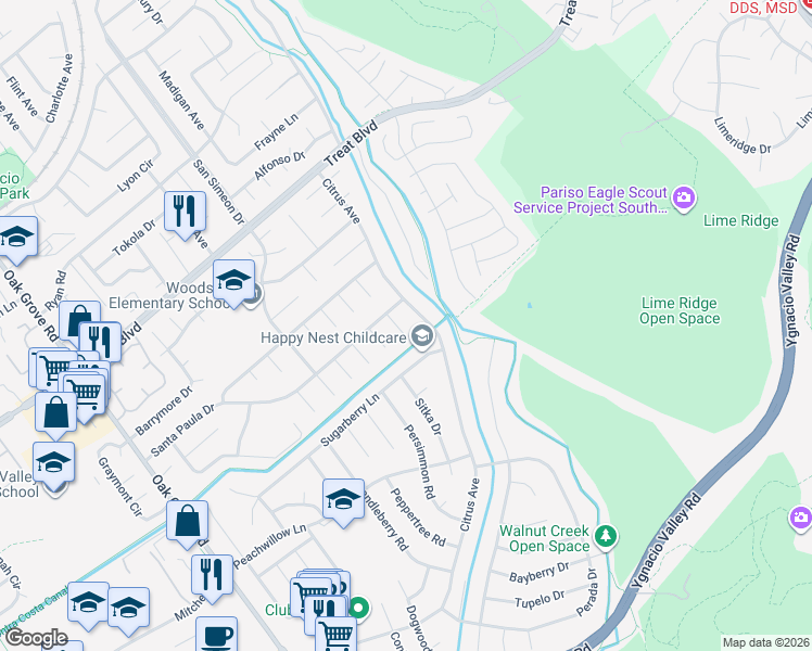 map of restaurants, bars, coffee shops, grocery stores, and more near 3648 Sugarberry Lane in Walnut Creek