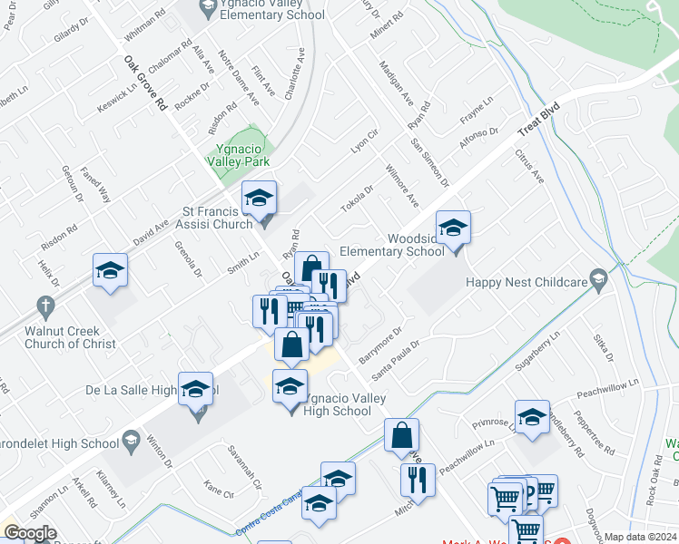map of restaurants, bars, coffee shops, grocery stores, and more near 3051 Treat Boulevard in Concord